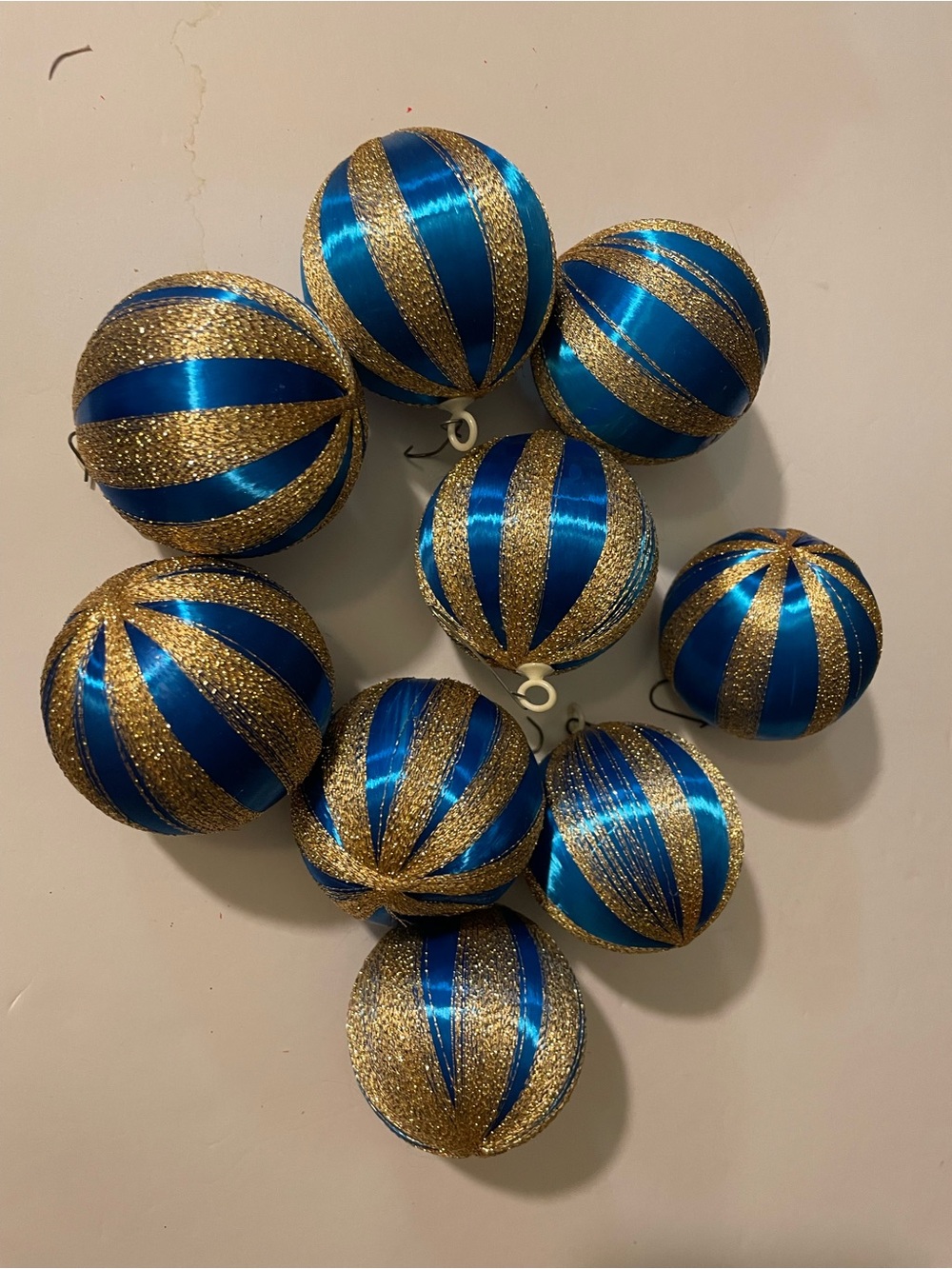 Vintage Blue and Gold Satin Thread Covered Ball Christmas Ornaments MCM 9